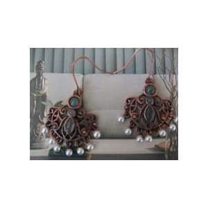  Solid Copper Green Aventurine and pearls. Dangle Earrings 