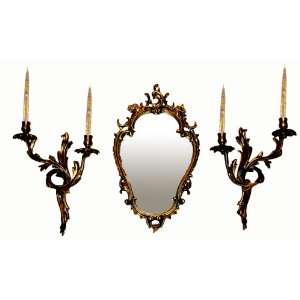  Candlelight Antique Brass Sconces and Wall Mirror   3 Pc 