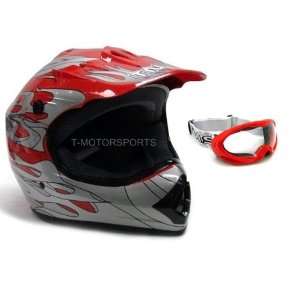 TMS Youth Red Flame Dirt Bike ATV Motocross Helmet with Goggles (Large 