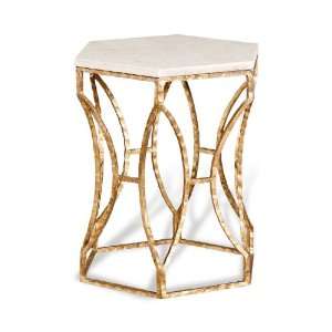  Roja Antique Gold Leaf Cream Marble Hexagonal Side Table 