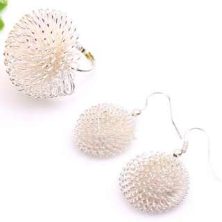 Silver Color Dandelion Flower Beads Earrings Ring (Adjustable) Set 