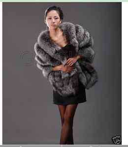 0204 Genuine silver fox fur shawl stole cape poncho  