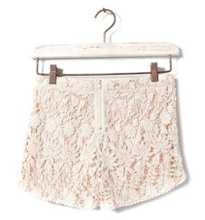 Women Retro Sand Beige Color Cotton Blend Floral Lace Crochet Shorts 