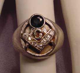 Vintage 14k White Gold Masonic Sapphire Diamonds Ring  