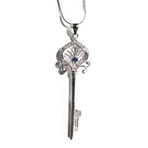 Royal Key Silver Pendant Cubic Zirconian Stones and Crystal Blue 