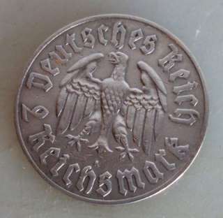 WWII GERMAN NAZI 2 MARK SILVER 1933 Conmemorative 450st Birthday 