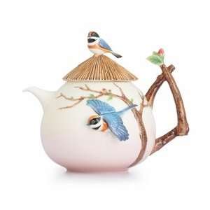  Franz Porcelain Black throated passerine bird teapot 