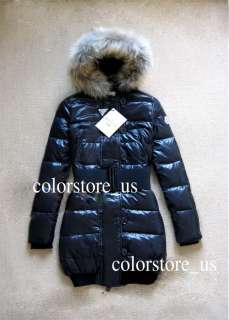Women HOODED FUR 90% duck Winter Long Down Parka Glossy Black Thick 
