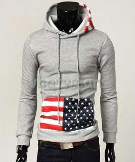 HOT Mens Patched American Flag Hoodie Coat L Grey Z82  
