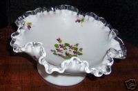 FENTON   SPANISH VIOLET SILVER CREST FOOTED DISH   MINT  