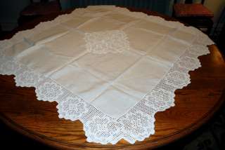 Linen Antique Tablecloth Framed with 5 Crochet Edge  
