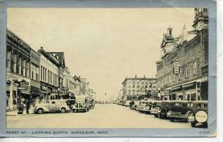 1930s CARS NAPOLEON OHIO DOWNTOWN STREET POSTCARD  
