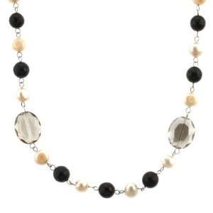 Sterling Silver Onyx, Freshwater Cultured Pearl and Smoky 