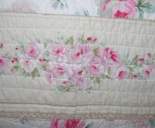 Shabby PINK ROSES on Pale Yellow 11 PC RUFFLED Cotton Queen Chic QUILT 