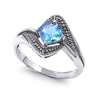   Engagement Ring Aquamarine Marcasite Ring 13MM ( Size 5 to 9) Size 7