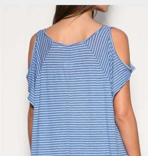Blue White Stripe Lady Long Back Club T Shirt Top S TJM  