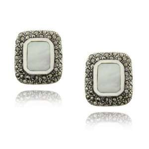   Silver Mother of Pearl Marcasite Square Stud Earrings Jewelry