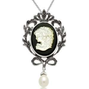   Sterling Silver Marcasite and Freshwater Cultured Pearl Cameo Pendant