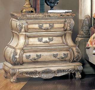   King Poster Leather Bed Marble Bedroom Set Whitewash Cherry  