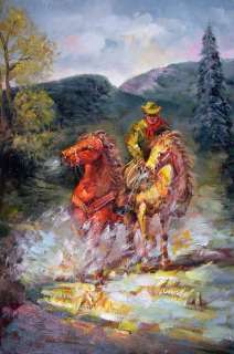 Mountain Man Cowboy Art Horses Rider Large Oil Painting  