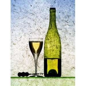 White Wine Glass, Half Full White Wine Bottle and Corkscrew Premium 