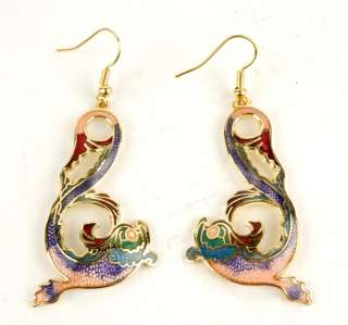 CLOISONNE EARRINGS DRAGON CARP FISH Chinese Jewelry  