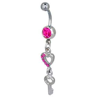 PUGSTER PINK CZ HEART KEY DANGLE NAVEL BELLY RING F77  