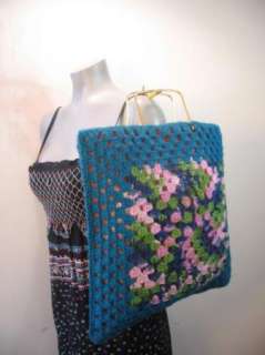 Vintage Blue Woven Knit Tote Bag Purse Spain Boho  