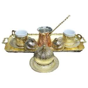 Turkish Coffee Set with Copper Pot, Silver Tray,cups with Lid & Candy 