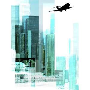  Black Silhouette of Jet Flying over Outline of Blue Cityscape 