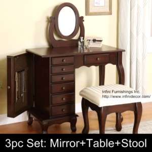 Jewelry Table Mirror and Bench Set Makeup Vanity Stool  