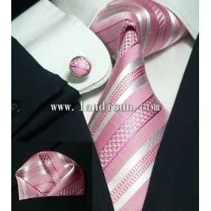  Landisun 83A Light Pink White Stripes Mens Silk Tie Set 