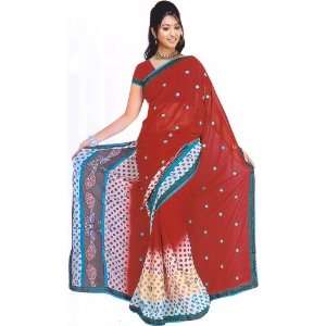  Red and White Polka Dotted Printed Sari with Peacocks in 