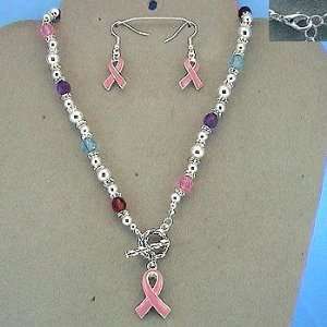 com Breast Cancer ~ Pink Ribbon Necklace & Earring Set ~ Multi color 