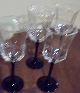 LUMINARC FRANCE BLACK STEM OCTAGON WINE GLASS SET OF 4 GLASSES  