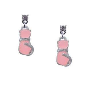  Pink Resin Cat Clear Swarovski Post Charm Earrings 