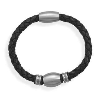 Mens 8 Inch Black Leather Bracelet with 3 Stainless Steel Magnetic 