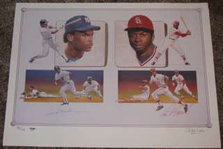 RICKEY HENDERSON AND LOU BROCK SIGNED AUTOGRAPHED PSA DNA 18x24 LITHO 