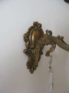 PAIR FRENCH VINTAGE ROCOCO STYLE BRASS AND CRYSTAL WALL LIGHTS  