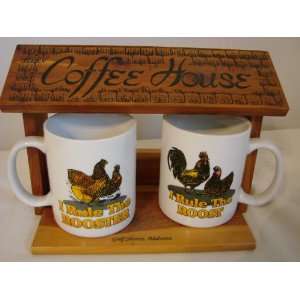   Mug Holder with Two Ceramic Chicken Rooster Mugs 