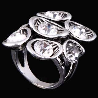 Vintage Silver Plated Flower Shape Ladys Finger Ring W/ White Crystal 