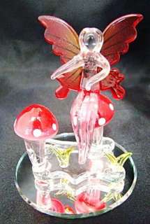 New Crystal Glass Red Fairy w/ Red Mushrooms on Mirror  