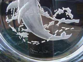 James Wyeth Crystal Art Glass Etched Plate Whale Ocean  