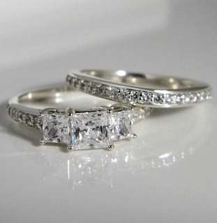   PRINCESS CUT 3 STONE WEDDING RING SET WITH ACCENTS SOLID .925 SILVER