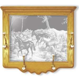  Wild Horses Etched in Solid Oak Wall   Hanging Coat Rack 