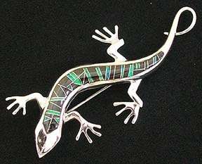 GREEN OPAL/JET INLAY STERLING SILVER GECKO PIN/ PENDANT  
