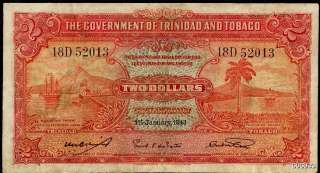 TRINIDAD AND TOBAGO 2 DOLLARS 1943 VERY RARE BANKNOTE SEE PHOTOS 