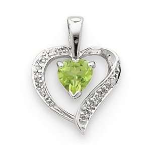   Sterling Silver Rhodium Heart Peridot & Diamond Heart Pendant Jewelry