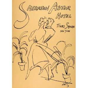 1956 Lithograph Emlen Etting Sheraton Astor Hotel Couple Romance Plant 