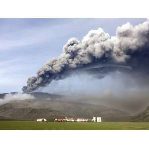 Farm Buildings and Fields with Plume of the Eyjafjallajokull Eruption 